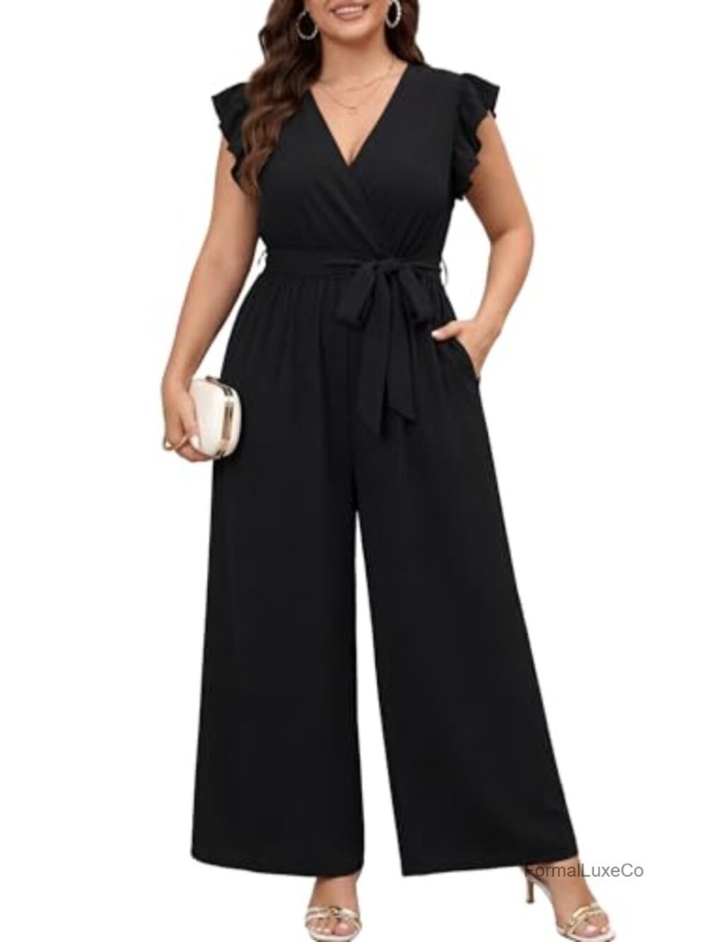 Plus Size Wide Leg Jumpsuit with Ruffle Sleeves and Pockets